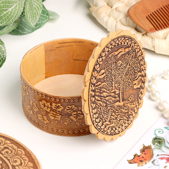 Шкатулка  Шкатулка "Берёзки у реки", 70 х 35 мм, береста