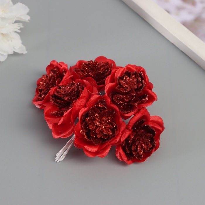 Декор для творчества "Камелия" красный (1 набор=1 букет) в букете 6 шт 4х11 см