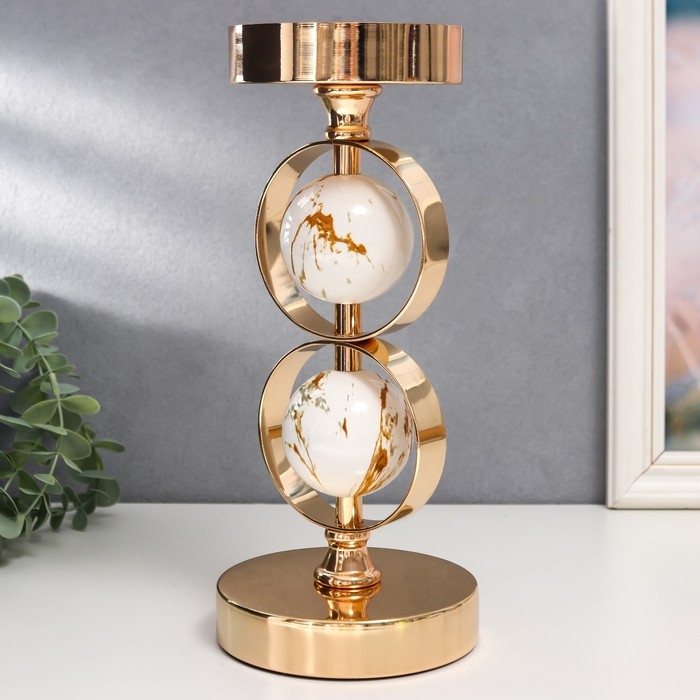 Подсвечник металл на 1 свечу  Подсвечник металл на 1 свечу "Два белых мраморных шара в сферах" золото 27х12х12 см