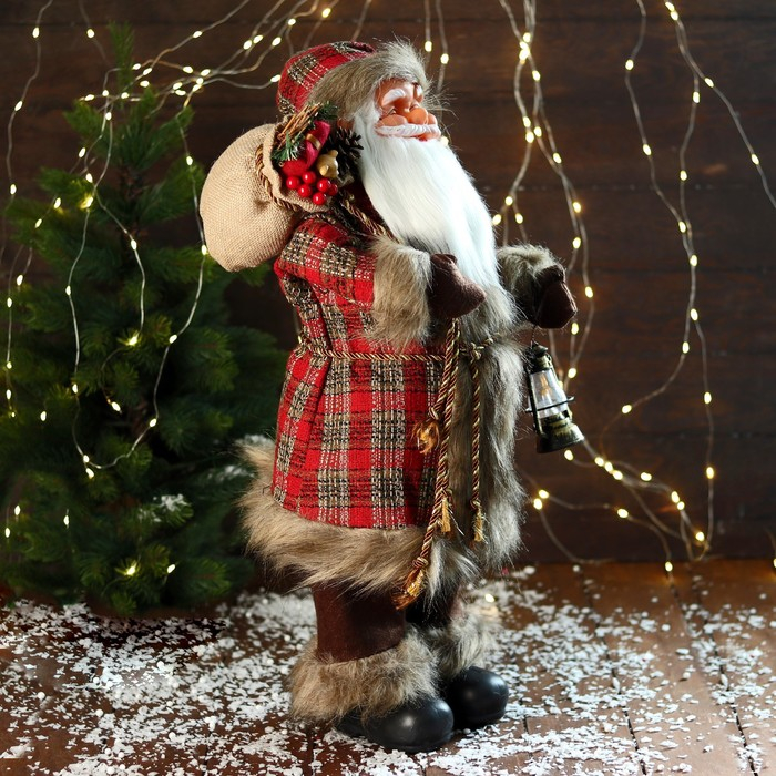 Дед Мороз  Дед Мороз "В красной клетчатой шубке, с фонариком/ c  веточками" 60 см