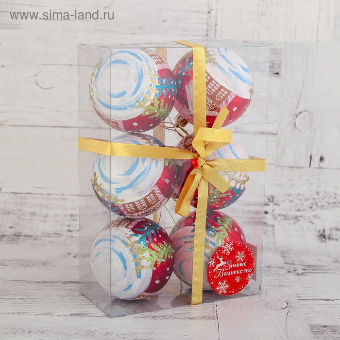 Набор шаров пластик d-7 см, 6 шт Набор шаров пластик d-7 см, 6 шт "Домик" красный