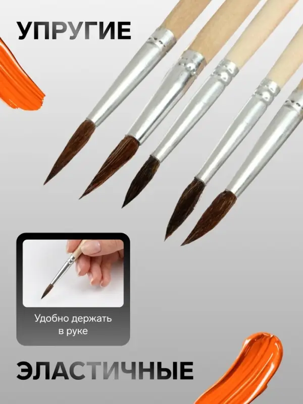 Набор кистей для рисования, белка, 5 штук: № 1, 2, 3, 4, 5, круглые, деревянная ручка, международный размер