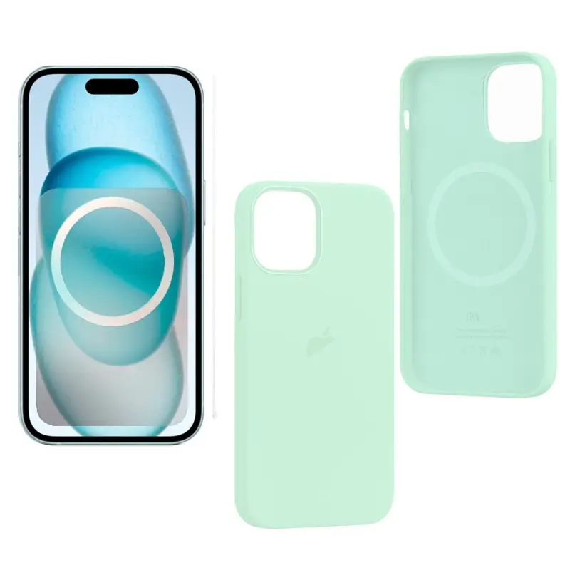 Чехол iPh 15 Silicon Case 100% ORG (MagSafe + анимация NFC) c LOGO Soft Mint