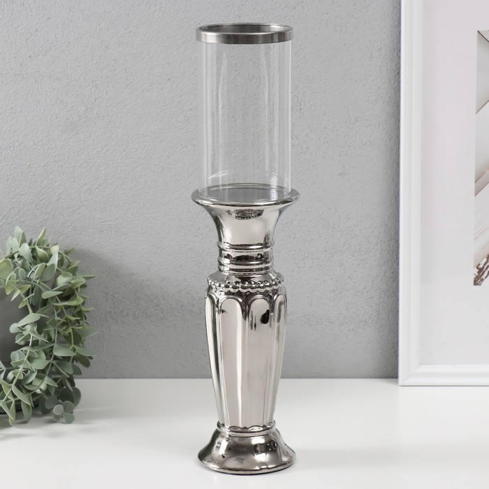 Подсвечник керамика, стекло на 1 свечу "Арте" d=7,5 см серебро 9х9х37,5 см