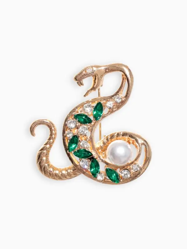 Брошь &laquo;Змея&raquo;, с жемчужиной, бело-зелёная в золоте