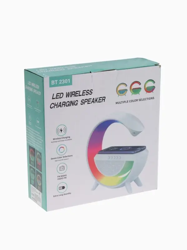Колонка портативная - ночник, Bluetooth, беспроводная зарядка, часы, RGB-подсветка, 15 Вт, 3 А, белая