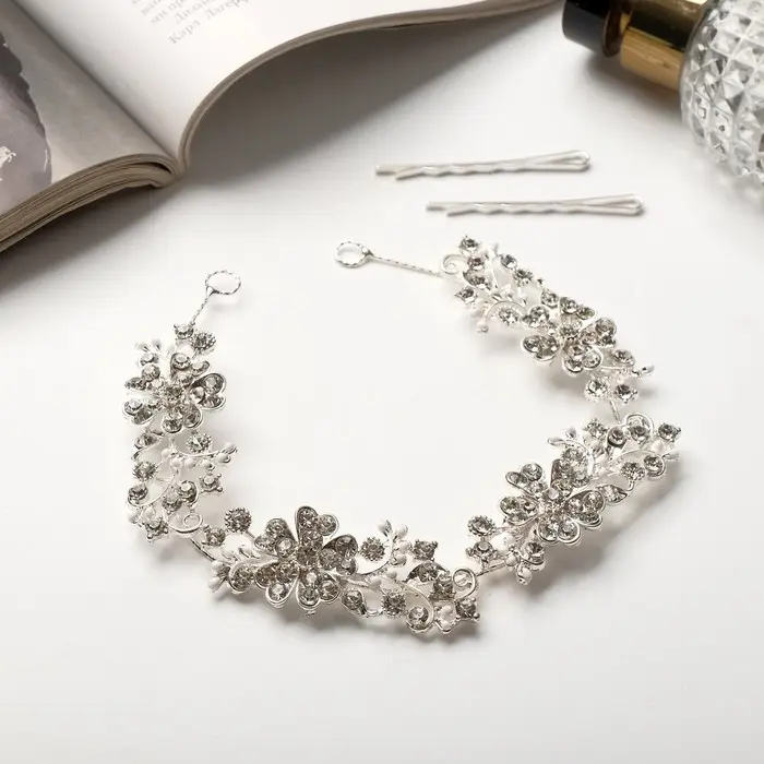 Аксессуар для волос «Долорес», цветы веточки капельки, 23.5×2 см, серебро
