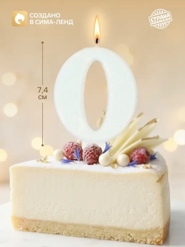 Свеча в торт &laquo;Соло. Цифра 0&raquo;, 8.2 см, белый блеск