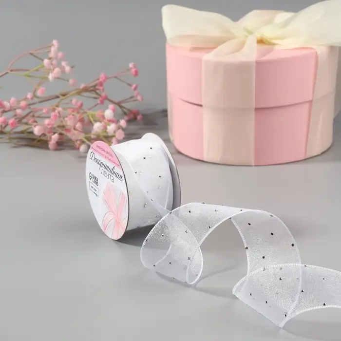 Лента капроновая, со стразами, 38 мм &times; 9.1 &plusmn; 0.5 м, цвет белый