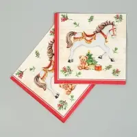 Салфетки бумажные трёхслойные «Новогодняя лошадка. кремовый фон», 24х24, 25 шт