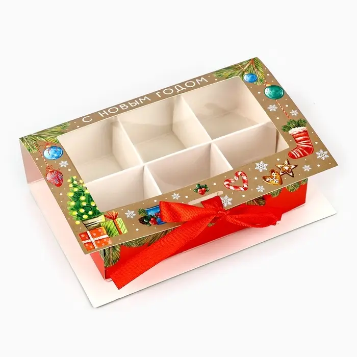 Коробка под 6 конфет с ячейками &laquo;Новогодние атрибуты&raquo; 14.5&times;9.5&times;3.5 см