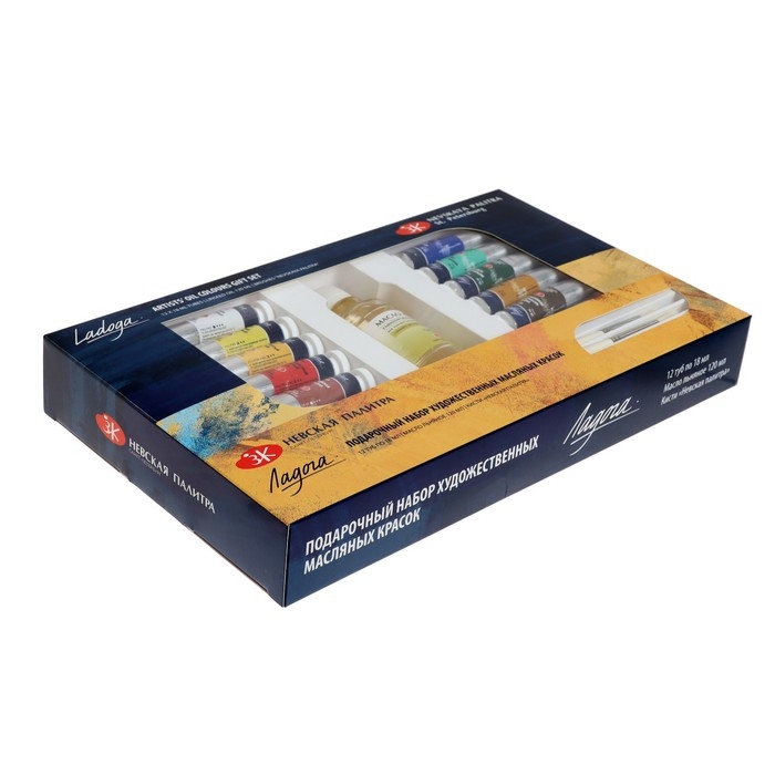 Краска масляная художественная, набор 12 цветов х 18 мл, ЗХК  Краска масляная художественная, набор 12 цветов х 18 мл, ЗХК "Ладога" подарочный, кисти 2 штуки, масло льняное 120 мл, 1241967