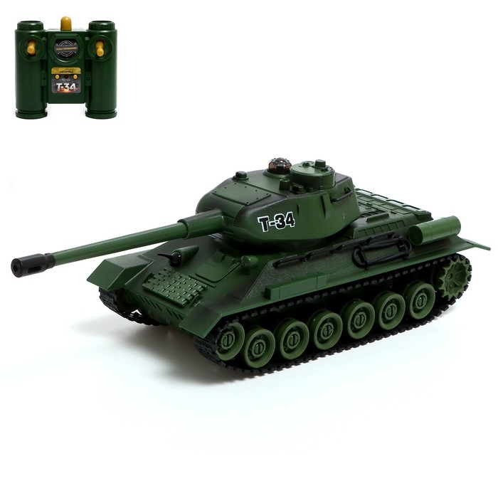 Танк «Т34», радиоуправляемый, в комплекте бункер и бинокль, световые и звуковые эффекты, работает от аккумулятора, цвет зелёный Танк «Т34», радиоуправляемый, в комплекте бункер и бинокль, световые и звуковые эффекты, работает от аккумулятора, цвет зелёный
