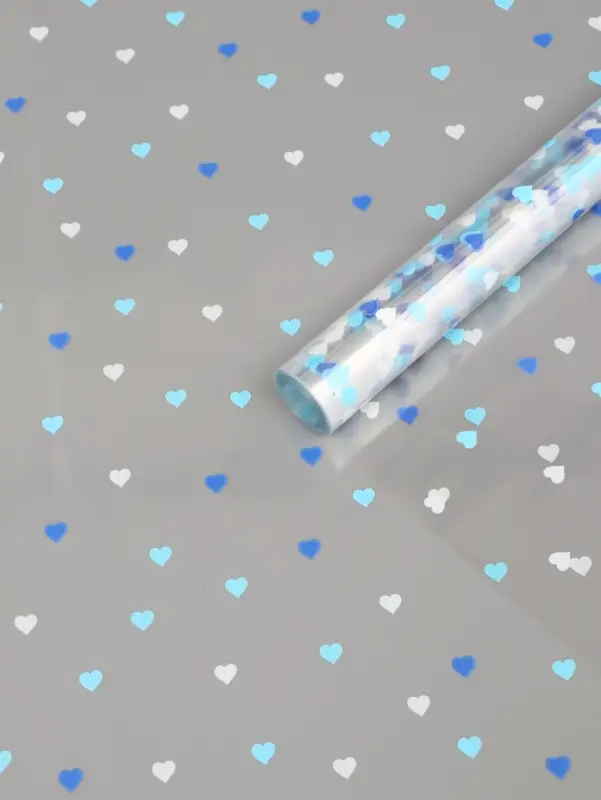 Плёнка для цветов &laquo;Сердечки конфетти&raquo;, прозрачный/сине-голубой, 0.7&times;7.6 м, 40 мкм, 200 г