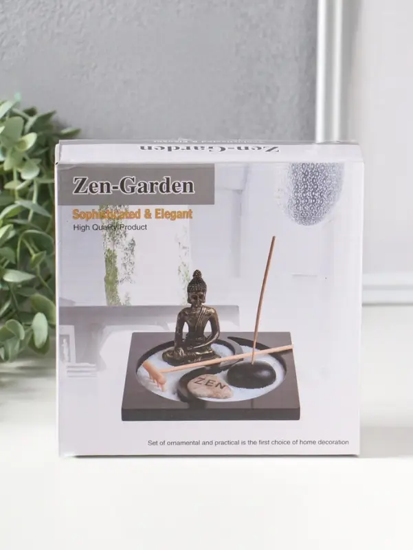 Сад Дзен "Будда в кремовом у гонга" песок+камни+аромапалочки 13,2х15х16 см