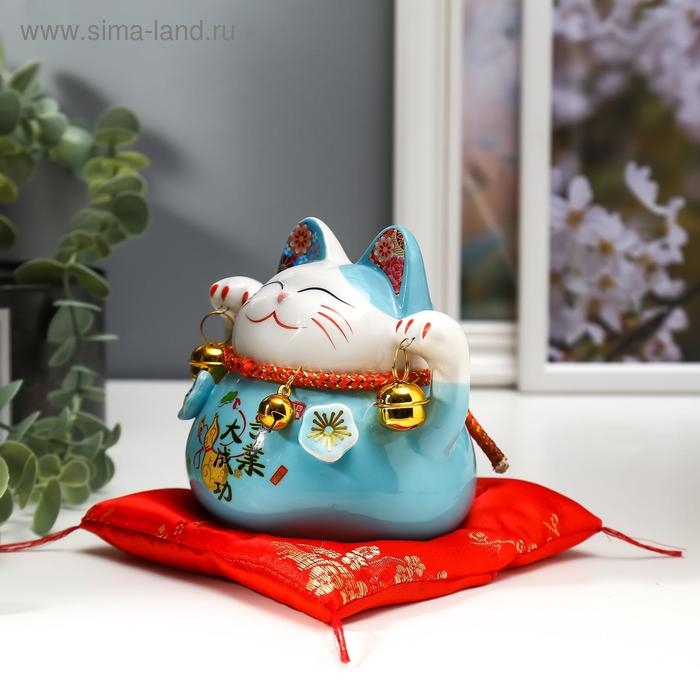 Сувенир керамика копилка Сувенир керамика копилка "Голубой кот Манэки-нэко с колокольчиками" 11,5х11,5х9,5 см