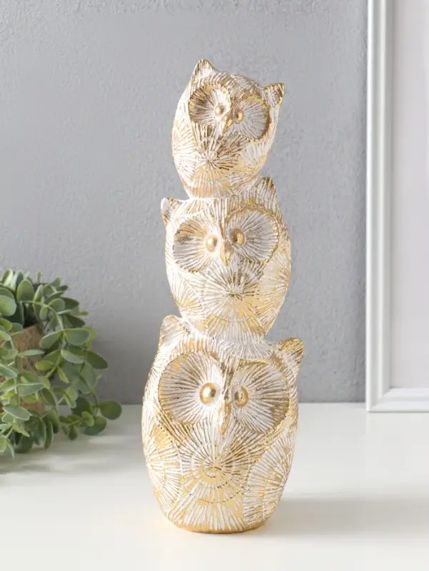 Сувенир полистоун "Три совы - пирамида. Золотые круги" 11,5х11,5х32 см