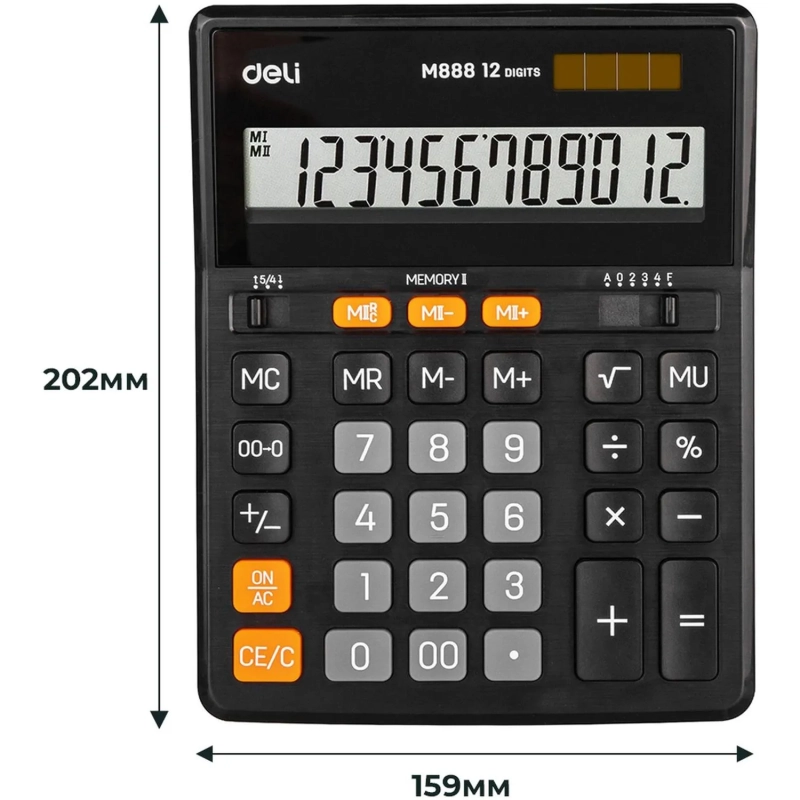 Калькулятор настольный ПОЛНОРАЗМ. Deli EM888, 12-р,дв.пит, 202х159мм,черн
