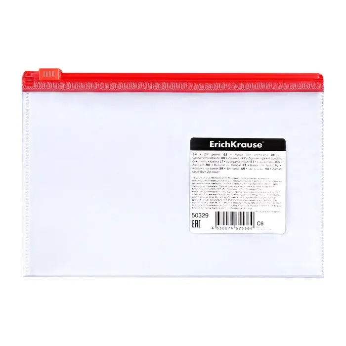 Папка-конверт на ZIP-молнии С6, 175&times;117 мм, 120 мкм, ErichKrause Fizzy Clear, c цветной молнией, тиснение, до 100 листов, микс