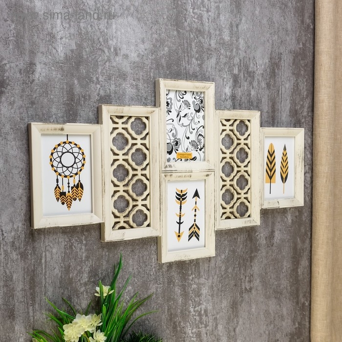 Фоторамка пластик на 4 фото 10х15 см  Фоторамка пластик на 4 фото 10х15 см "Узор" бежевая 35х62х2 см