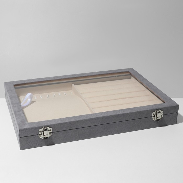 Подставка для украшений &laquo;Шкатулка&raquo; 10 крючок, 7 полос, флок, 35&times;24&times;5, стеклянная крышка, цвет серо-бежевый