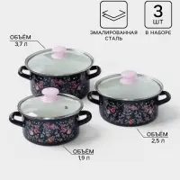 Кастрюли эмалированные &laquo;Дуэт&raquo;, набор 3 шт., 1.9 л, 2.5 л, 3.7 л, с деколью, синие