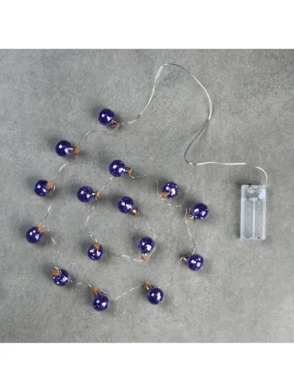 Гирлянда &laquo;Нить&raquo; 1.6 м с насадками &laquo;Синие шарики&raquo;, IP20, серебристая нить, 15 LED, от батареек АА&times;2, свечение белое