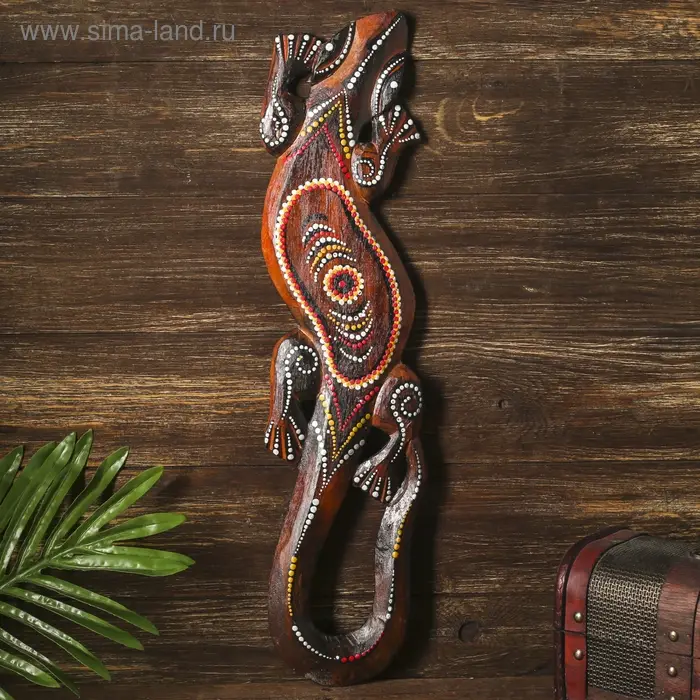 Панно настенное дерево  Панно настенное дерево "Геккон с цветком и узором" 1x12x50 см