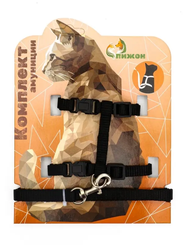 Комплект для кошек, ширина 1 см, ОШ 16.5-27 см, ОГ 21-35 см, поводок 120 см, чёрный