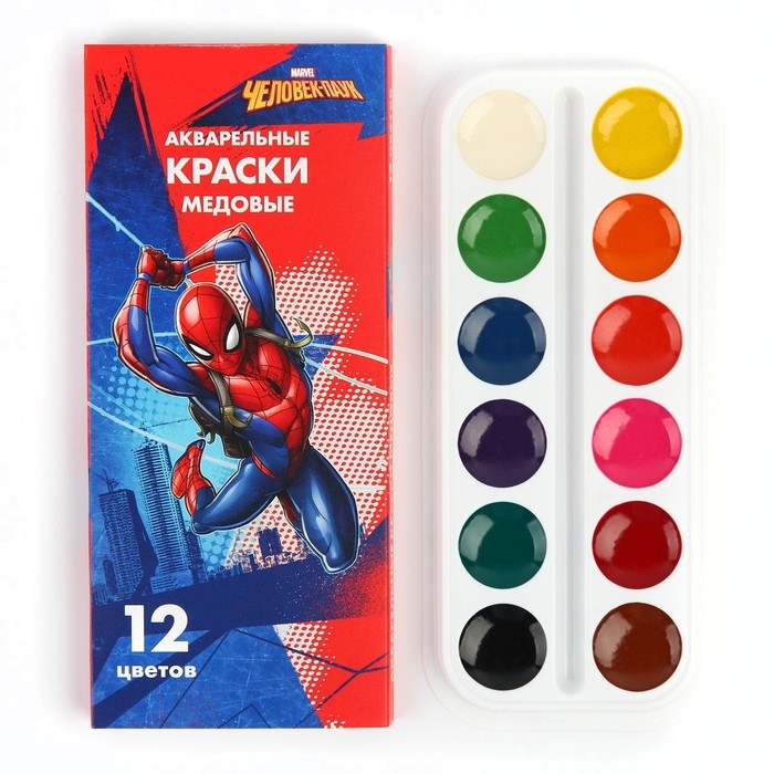 Акварель медовая «Человек-паук», 12 цветов, в картонной коробке, без кисти Акварель медовая «Человек-паук», 12 цветов, в картонной коробке, без кисти