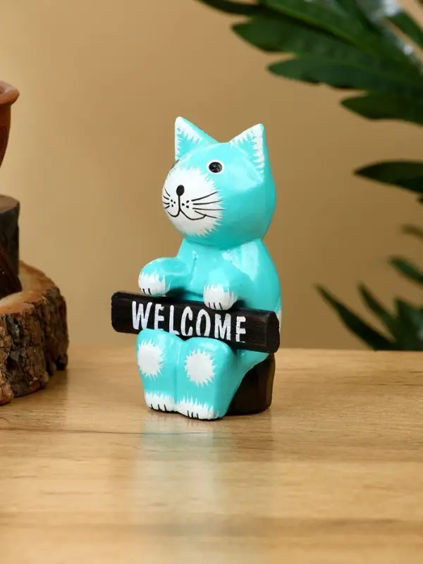 Сувенир  Сувенир "Кот с табличкой WELCOME" дерево 8х4х10 см, цв. бирюзовый
