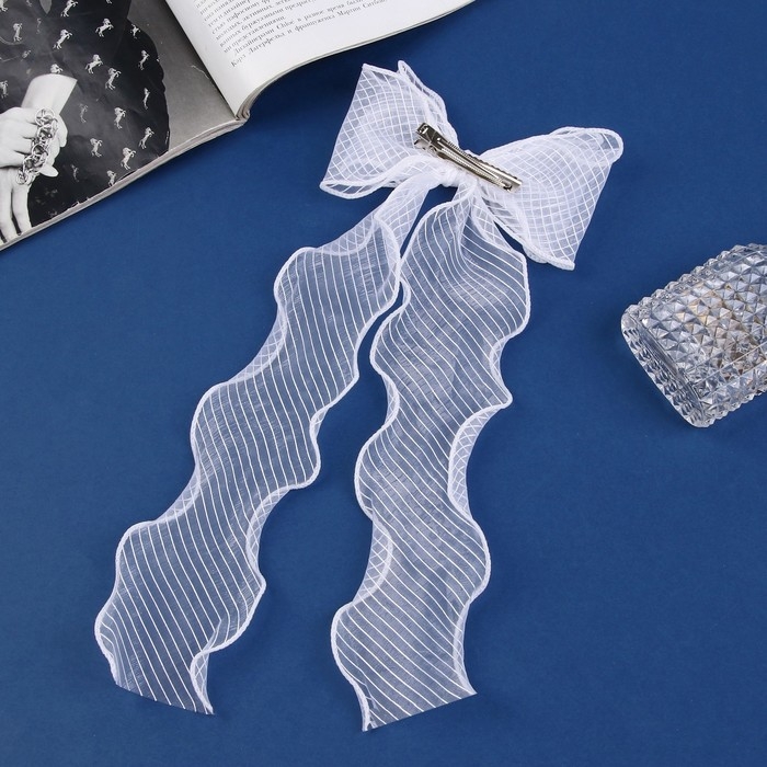 Зажим для волос  Зажим для волос "Школьница" бантик 12х30 см, белый в полосочку