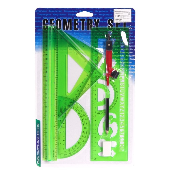 Набор геометрический, чертежный, блистер: линейка 30 см, 2 треугольника, транспортир, ластик, циркуль, линейка с трафаретами, тонированный, МИКС Набор геометрический, чертежный, блистер: линейка 30 см, 2 треугольника, транспортир, ластик, циркуль, линейка с трафаретами, тонированный, МИКС