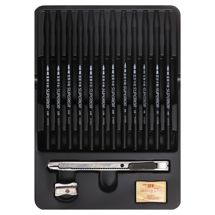 Карандаши цельнографитные, черные 12 штук + ластик + точилка + нож канцелярский Карандаши цельнографитные, черные 12 штук + ластик + точилка + нож канцелярский