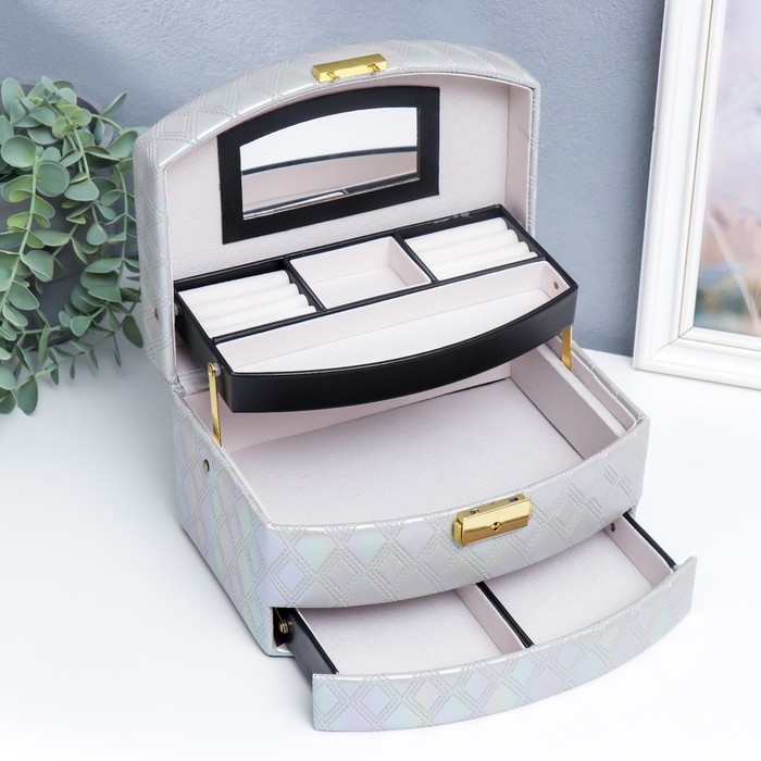 Шкатулка кожзам для украшений сундук  Шкатулка кожзам для украшений сундук "Сеть из ромбов. Серебро перламутр" 13х16х23 см