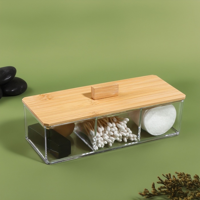 Органайзер для хранения «BAMBOO», с крышкой, 3 секции, 23,3 × 9,4 × 8,9 см, цвет прозрачный/коричневый