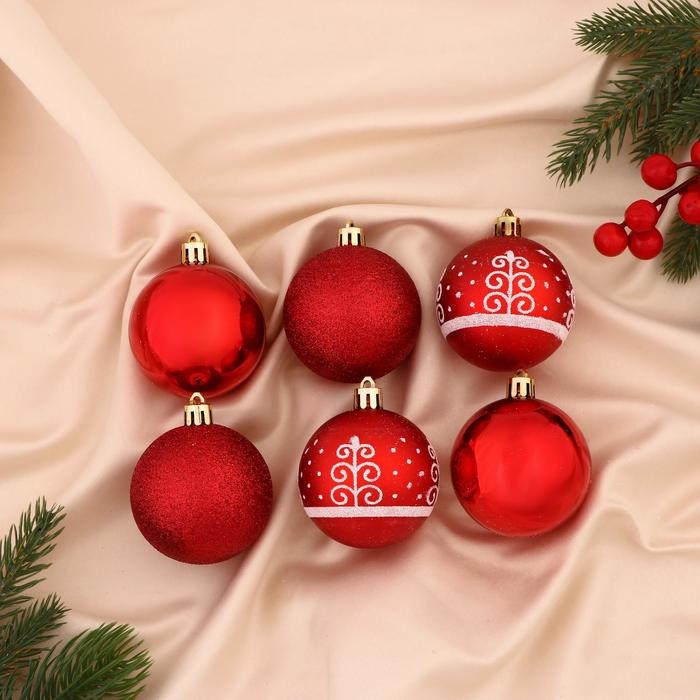 Набор шаров пластик d-6 см, 6 шт Набор шаров пластик d-6 см, 6 шт "Ёлочка из завитков" красный