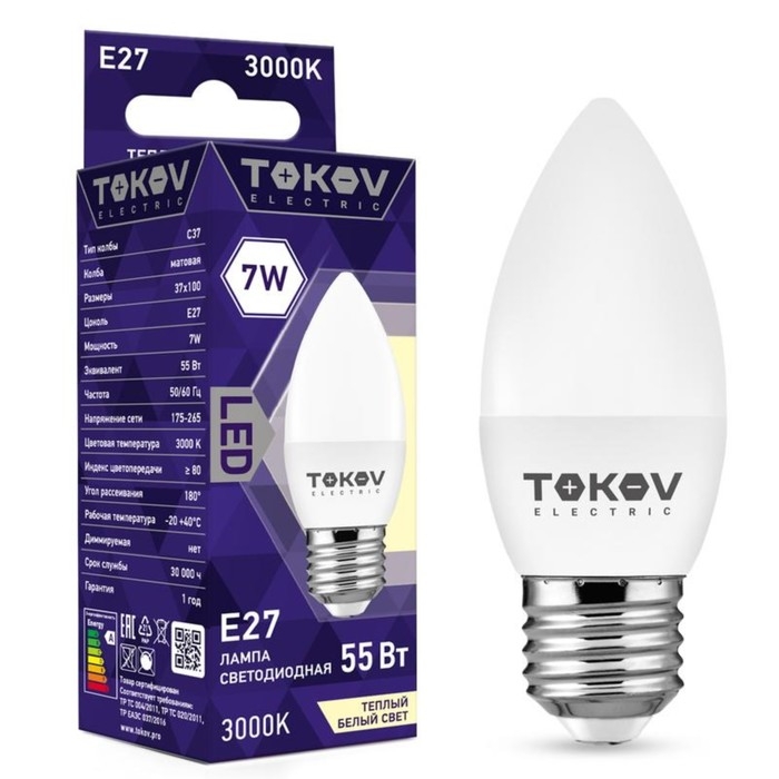 Лампа светодиодная TOKOV ELECTRIC, 7 Вт, С37, 3000 К, Е27, 176-264В Лампа светодиодная TOKOV ELECTRIC, 7 Вт, С37, 3000 К, Е27, 176-264В