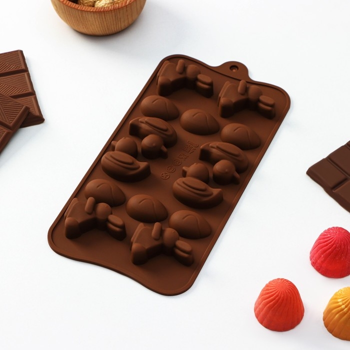 Форма для конфет и шоколада Доляна «Зайцы, утки и яйца», силикон, 22×10,2×1,4 см, 14 ячеек, цвет коричневый Форма для конфет и шоколада Доляна «Зайцы, утки и яйца», силикон, 22×10,2×1,4 см, 14 ячеек, цвет коричневый