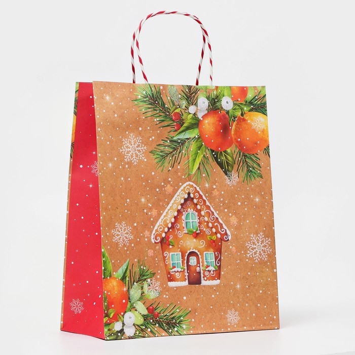 Новый год. Пакет бумажный подарочный новогодний крафт Новый год. Пакет бумажный подарочный новогодний крафт "Пряничный домик" 18 х 22,3 х 10 см.