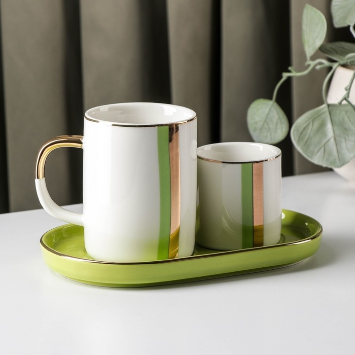 Набор кружек на керамической подставке «Геометрия», 80/200 мл, 2 шт, цвет зелёный