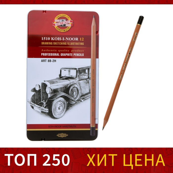 Набор карандашей чернографитных разной твердости 12 штук Koh-I-Noor 1512N ART, 8B-2H, в металлическом пенале Набор карандашей чернографитных разной твердости 12 штук Koh-I-Noor 1512N ART, 8B-2H, в металлическом пенале