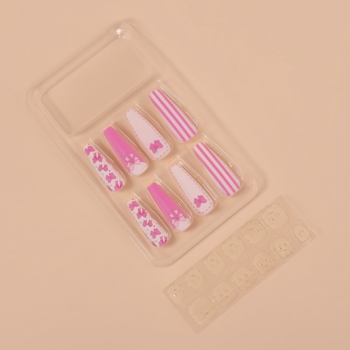 Накладные ногти «Бантики», 12 шт, с клеевыми пластинами, форма балерина, цвет белый/розовый Накладные ногти «Бантики», 12 шт, с клеевыми пластинами, форма балерина, цвет белый/розовый