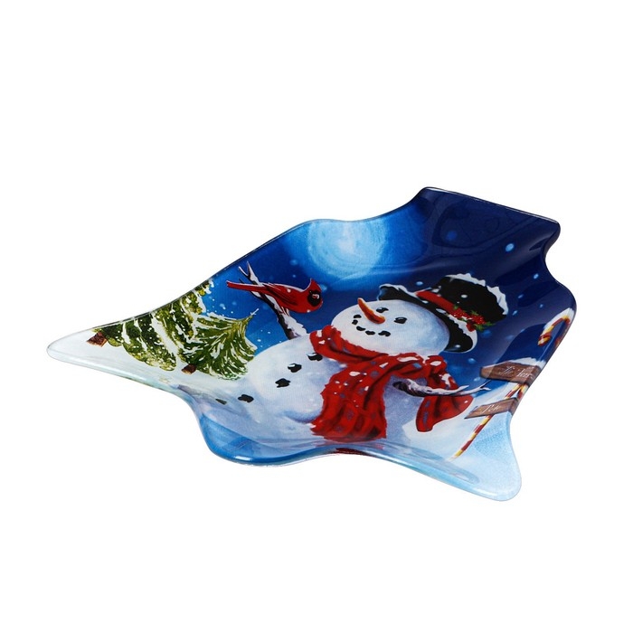 Блюдо новогоднее стеклянное сервировочное Доляна «Колокольчик. Снеговик и птичка», 18×17 см Блюдо новогоднее стеклянное сервировочное Доляна «Колокольчик. Снеговик и птичка», 18×17 см