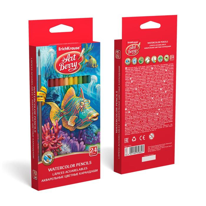 Карандаши акварельные 24 цвета, ErichKrause ArtBerry, с кисточкой, шестигранные, суперъяркий грифель диаметром 3 мм Карандаши акварельные 24 цвета, ErichKrause ArtBerry, с кисточкой, шестигранные, суперъяркий грифель диаметром 3 мм