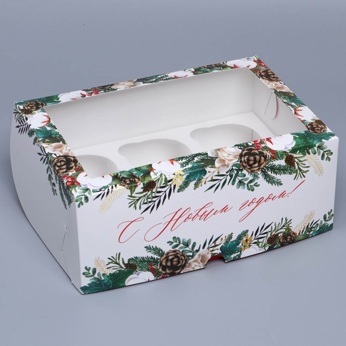 Коробка складная на 6 капкейков с окном «Веточки», 25 х 17 х 10 см, Новый год Коробка складная на 6 капкейков с окном «Веточки», 25 х 17 х 10 см, Новый год