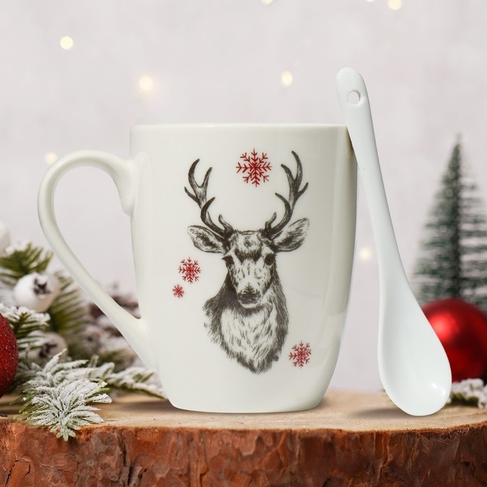 Кружка керамическая с ложкой Дорого внимание «Олень», 310 мл, Кружка керамическая с ложкой Дорого внимание «Олень», 310 мл,