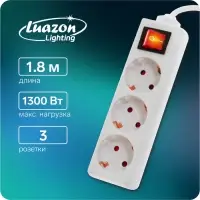 Удлинитель Luazon Lighting, 3 розетки, 1.8 м, 10 А, 2200 Вт, 3&times;0.75 мм2, с заземлением, с выключателем, белый