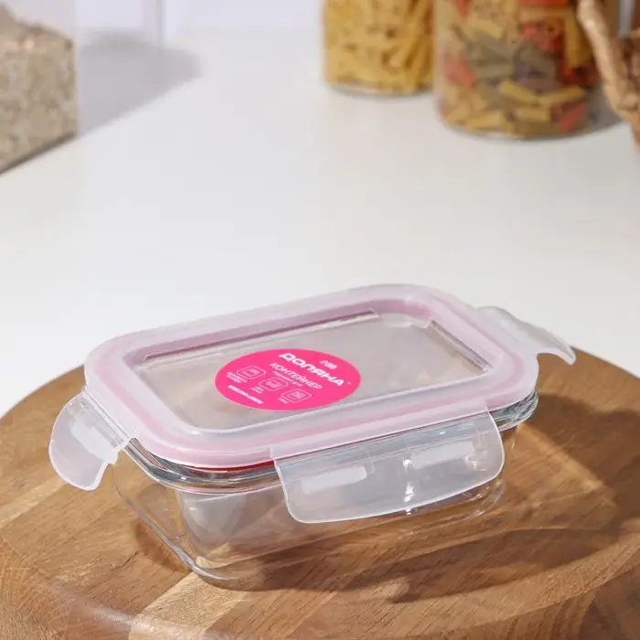 Контейнер для еды из жаропрочного стекла Доляна &laquo;Клик&raquo;, 380 мл, 15.5&times;11&times;5 см, с крышкой