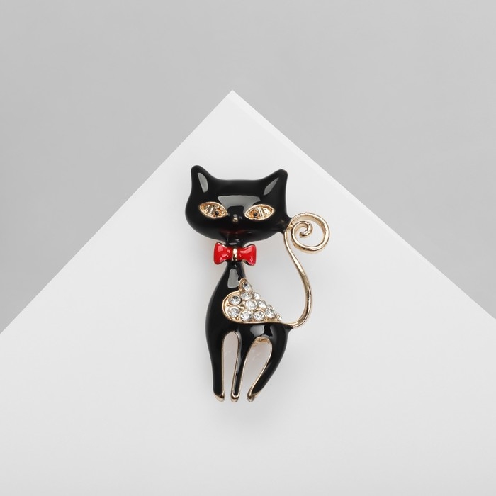 Брошь «Кошечка» с сердечком, цвет чёрный в золоте Брошь «Кошечка» с сердечком, цвет чёрный в золоте